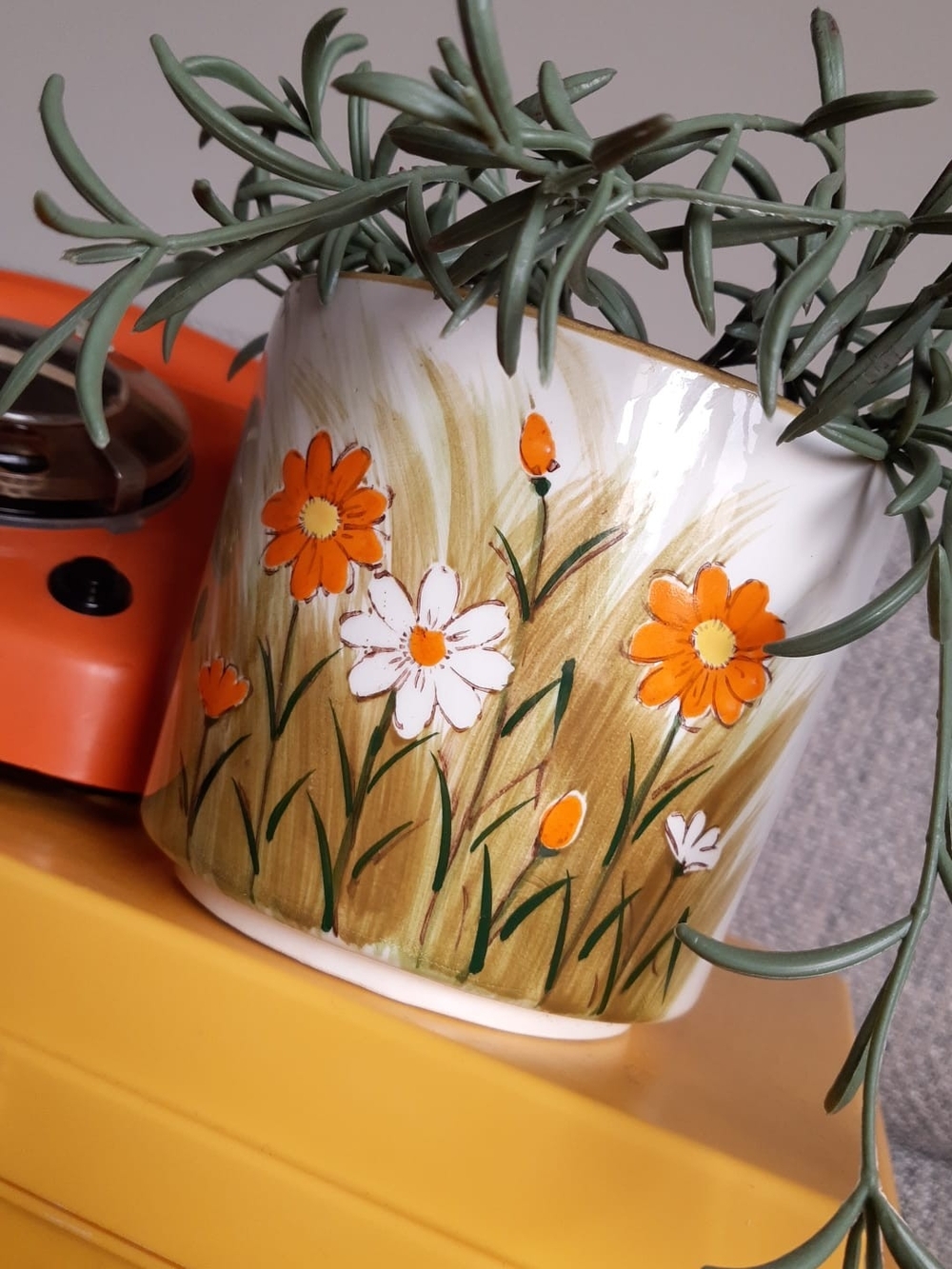 1960s or 1970s Relpo Planter - Hand-Painted Floral Ceramic Planter Daisies